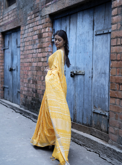 Sunshine Yellow Hand-Printed Linen Cotton Saree with Classic Borders