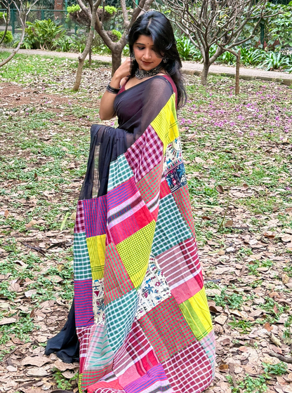 Midnight Patchwork Multi Color Mul Cotton Saree