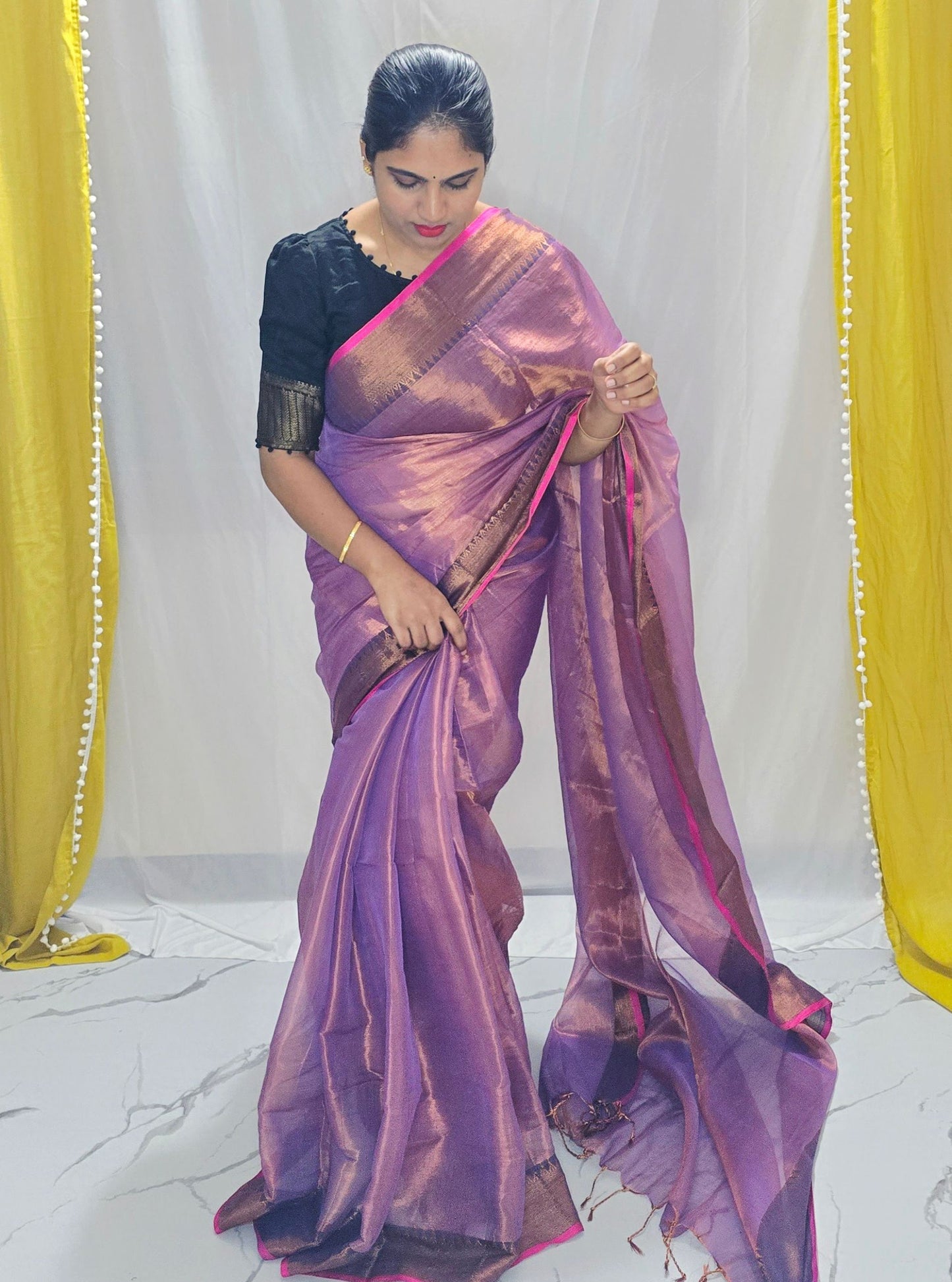 Lavender Rose Tissue Cotton Saree with Antique Zari Border & Pink Selvedge