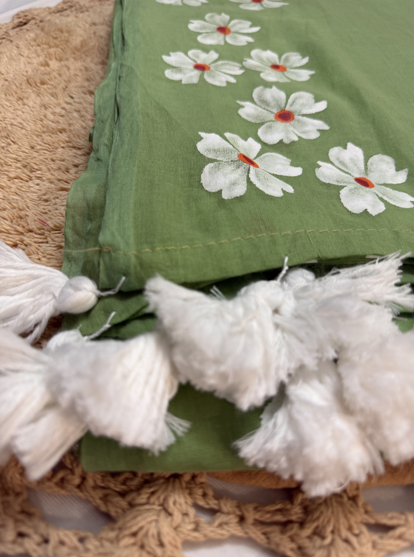 Elegant Olive Green Hand-Painted Mul Cotton Saree with Floral Motifs & White Tassels