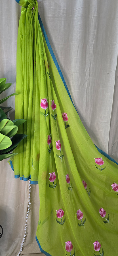 Beautiful Green Mul Cotton Saree with Hand Painted Flower Art for Festive & Daily Wear
