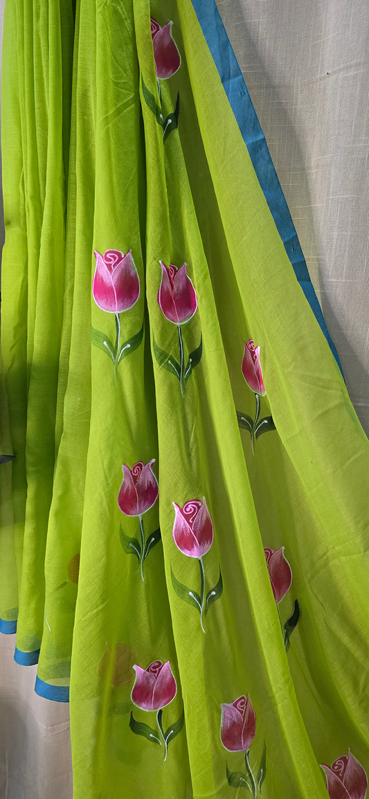 Beautiful Green Mul Cotton Saree with Hand Painted Flower Art for Festive & Daily Wear