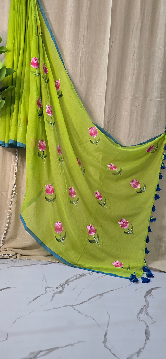 Beautiful Green Mul Cotton Saree with Hand Painted Flower Art for Festive & Daily Wear