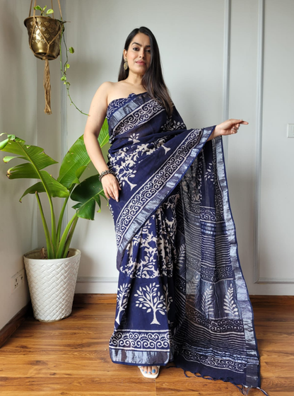 Navy Blue Cotton Linen Saree with Hand Block Tree Motifs & Elegant Pallu