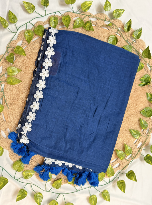 Navy Blue Mul Cotton Saree with White Floral Lace Border & Tassels