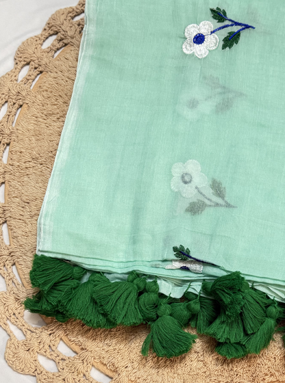 Mint Green Mul Cotton Saree with Delicate Floral Motifs & Tassels