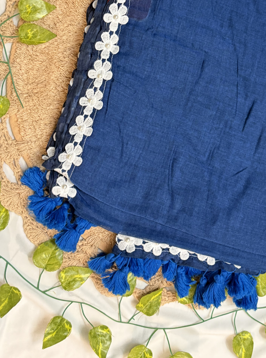 Navy Blue Mul Cotton Saree with White Floral Lace Border & Tassels