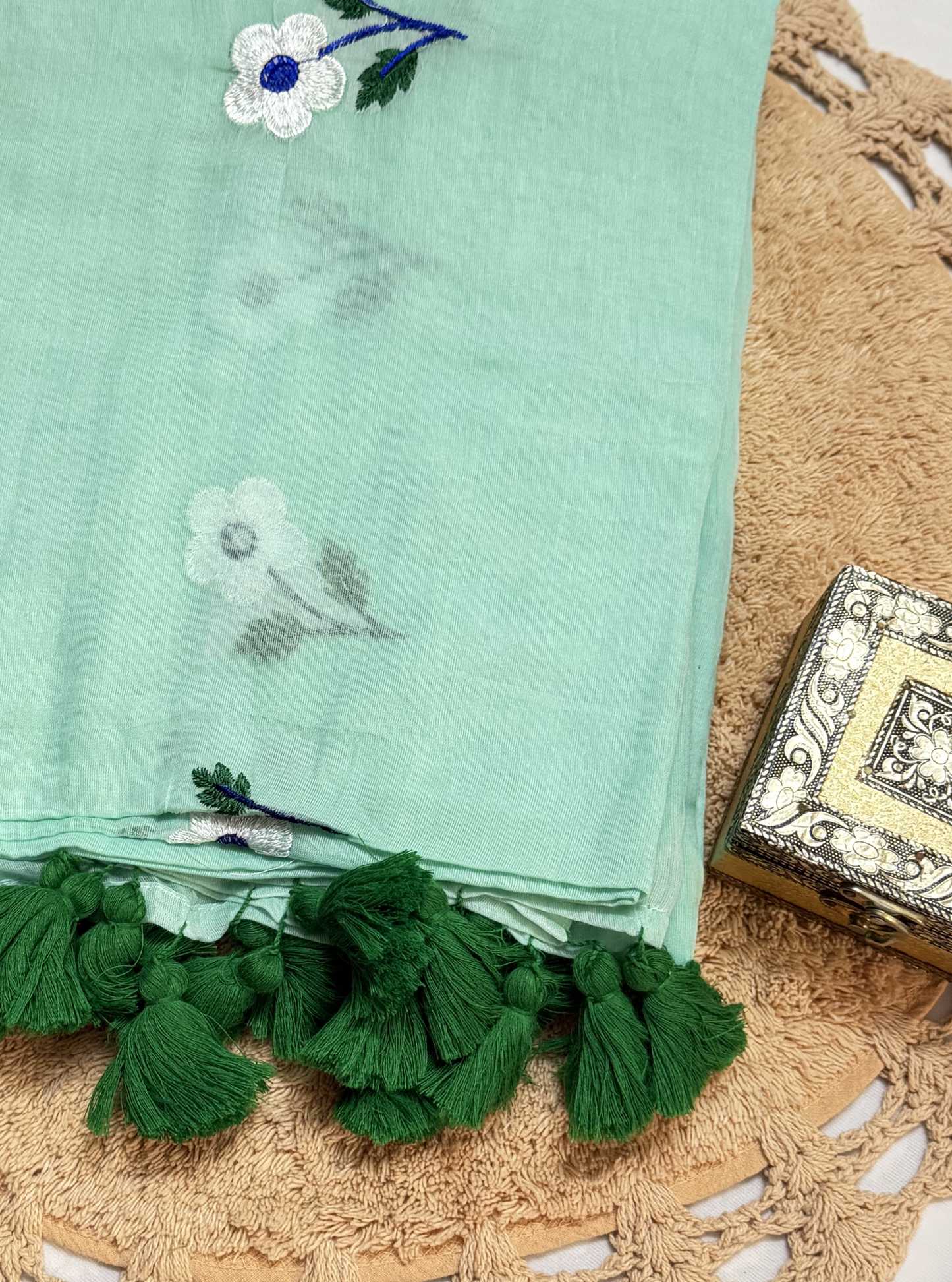 Mint Green Mul Cotton Saree with Delicate Floral Motifs & Tassels