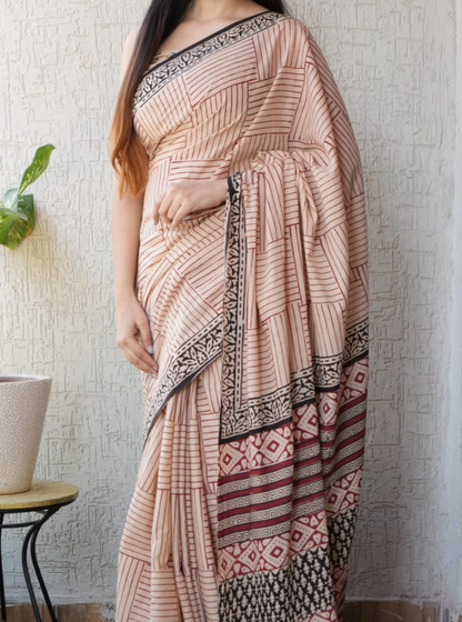 Elegant Beige Cotton Saree with Stripes & Traditional Printed Pallu