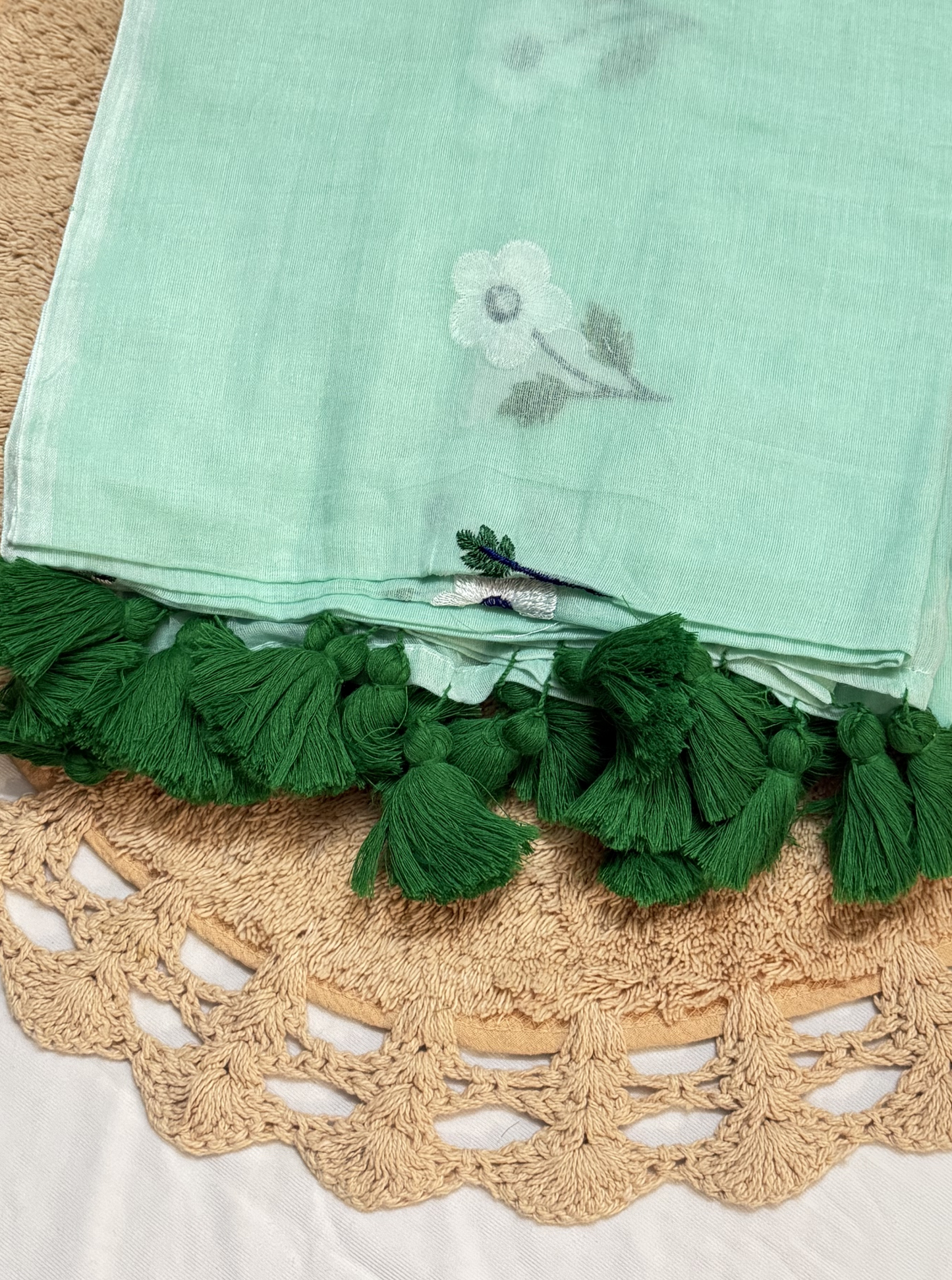 Mint Green Mul Cotton Saree with Delicate Floral Motifs & Tassels