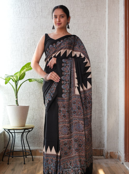 Elegant Black Modal Silk Saree with Ajrakh-Inspired Intricate Border