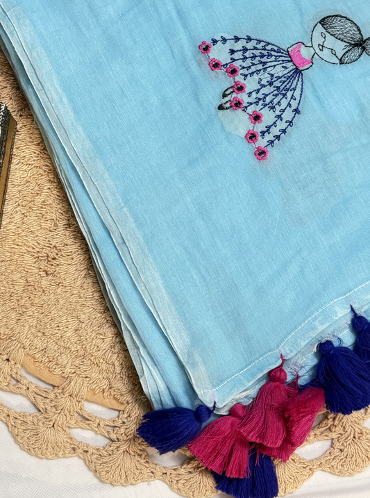 Sky Blue Mul Cotton Saree with Hand Embroidered Motif & Contrast Tassels