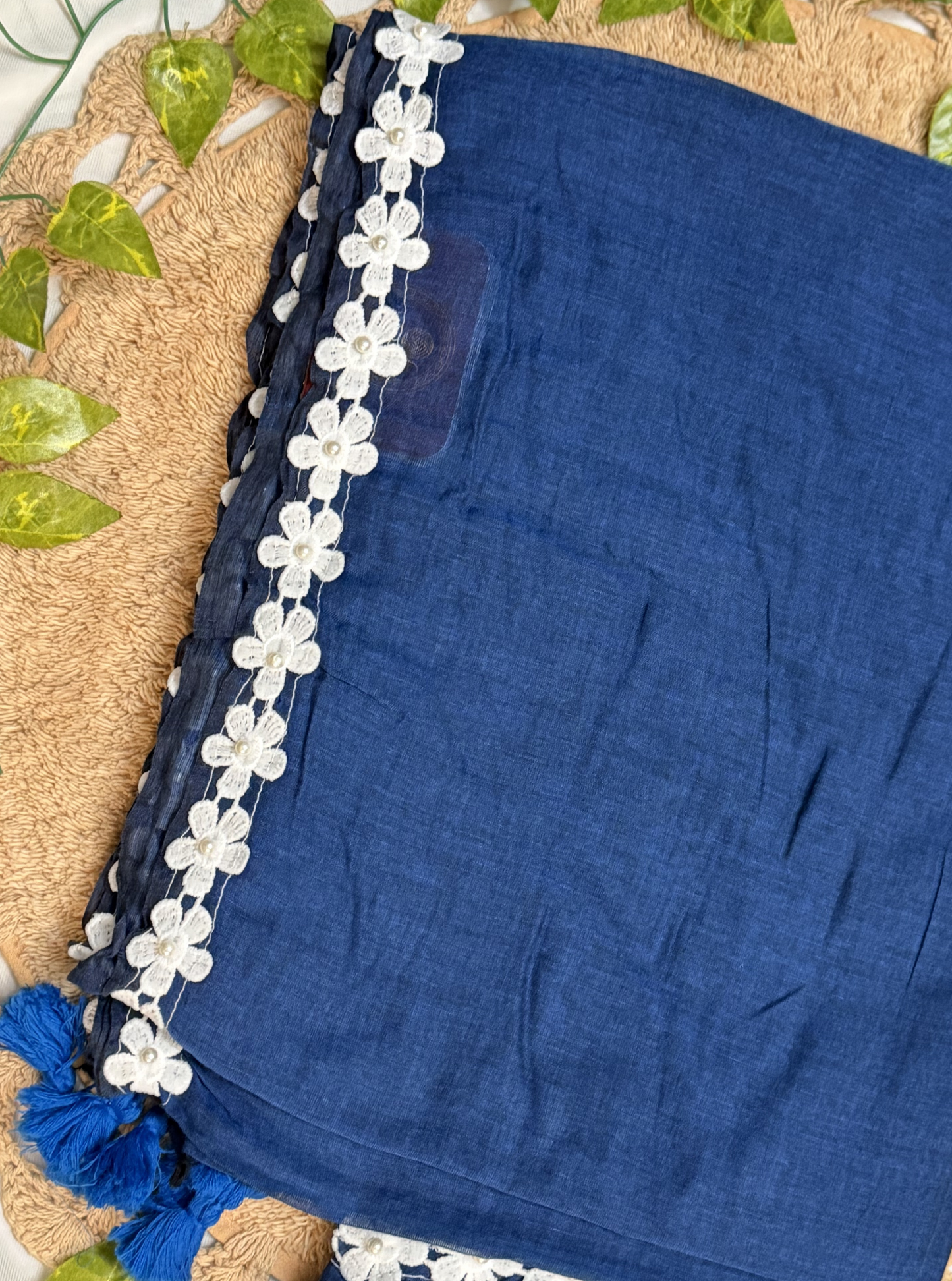 Navy Blue Mul Cotton Saree with White Floral Lace Border & Tassels
