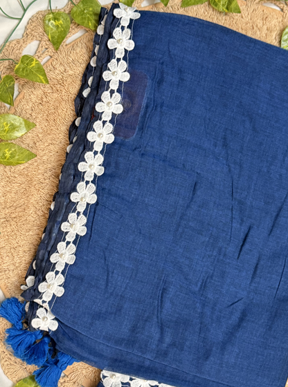 Navy Blue Mul Cotton Saree with White Floral Lace Border & Tassels
