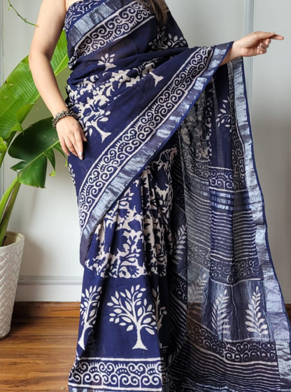Navy Blue Cotton Linen Saree with Hand Block Tree Motifs & Elegant Pallu