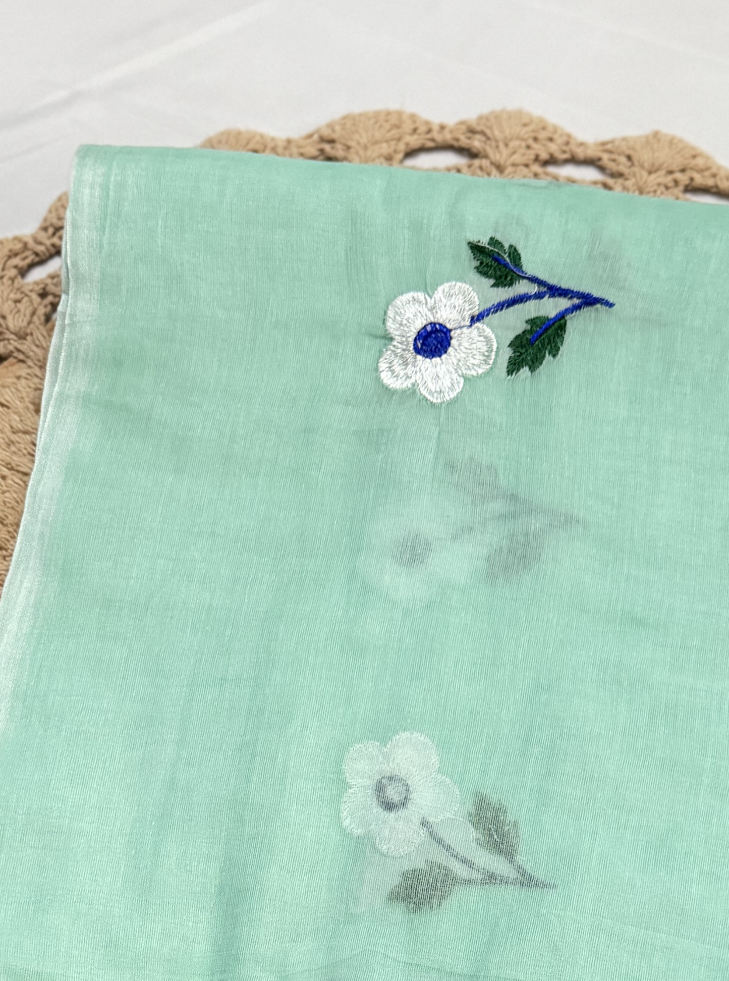 Mint Green Mul Cotton Saree with Delicate Floral Motifs & Tassels