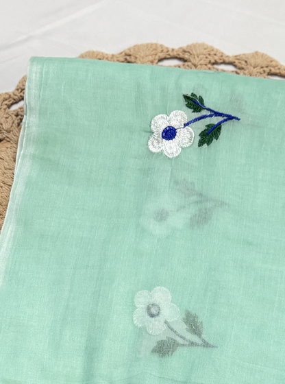 Mint Green Mul Cotton Saree with Delicate Floral Motifs & Tassels