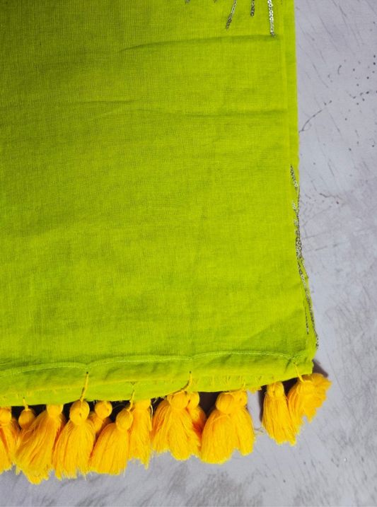 Lime Yellow Mul Cotton Saree with Hand Embellished Sun Motif