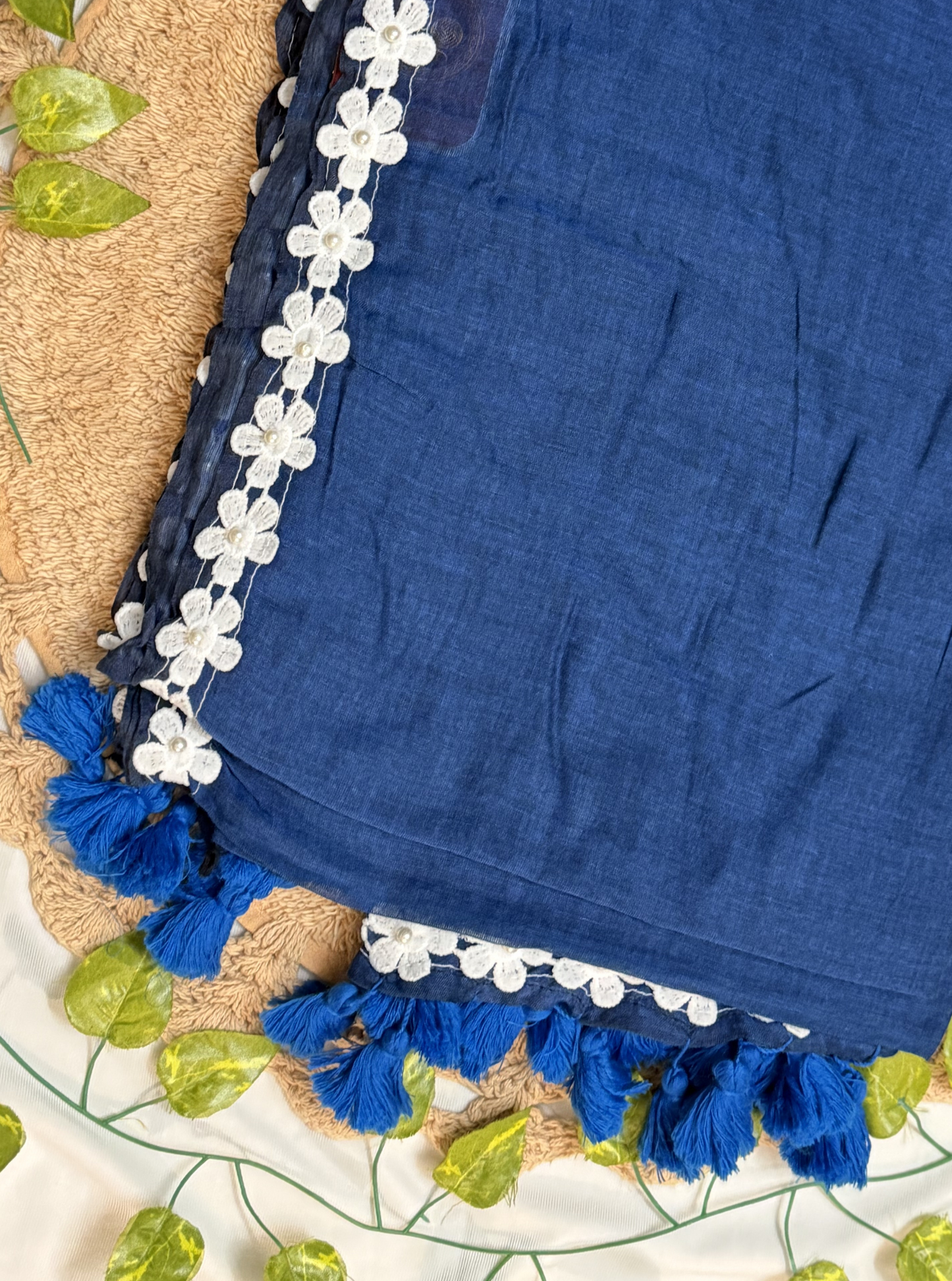 Navy Blue Mul Cotton Saree with White Floral Lace Border & Tassels