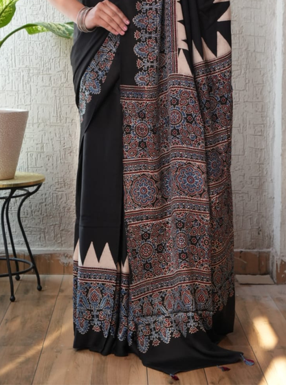 Elegant Black Modal Silk Saree with Ajrakh-Inspired Intricate Border
