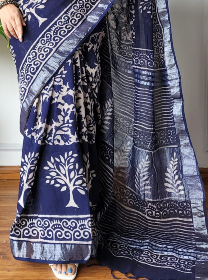 Navy Blue Cotton Linen Saree with Hand Block Tree Motifs & Elegant Pallu