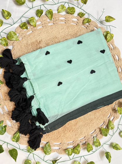 Mint Green Mul Cotton Saree with Black Heart Motifs & Tassels
