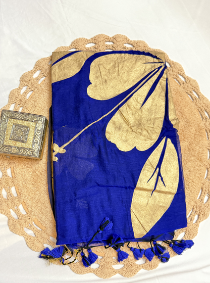 Royal Indigo Mul Cotton Tissue Pallu Saree with Gold Leaf Design & Tassels