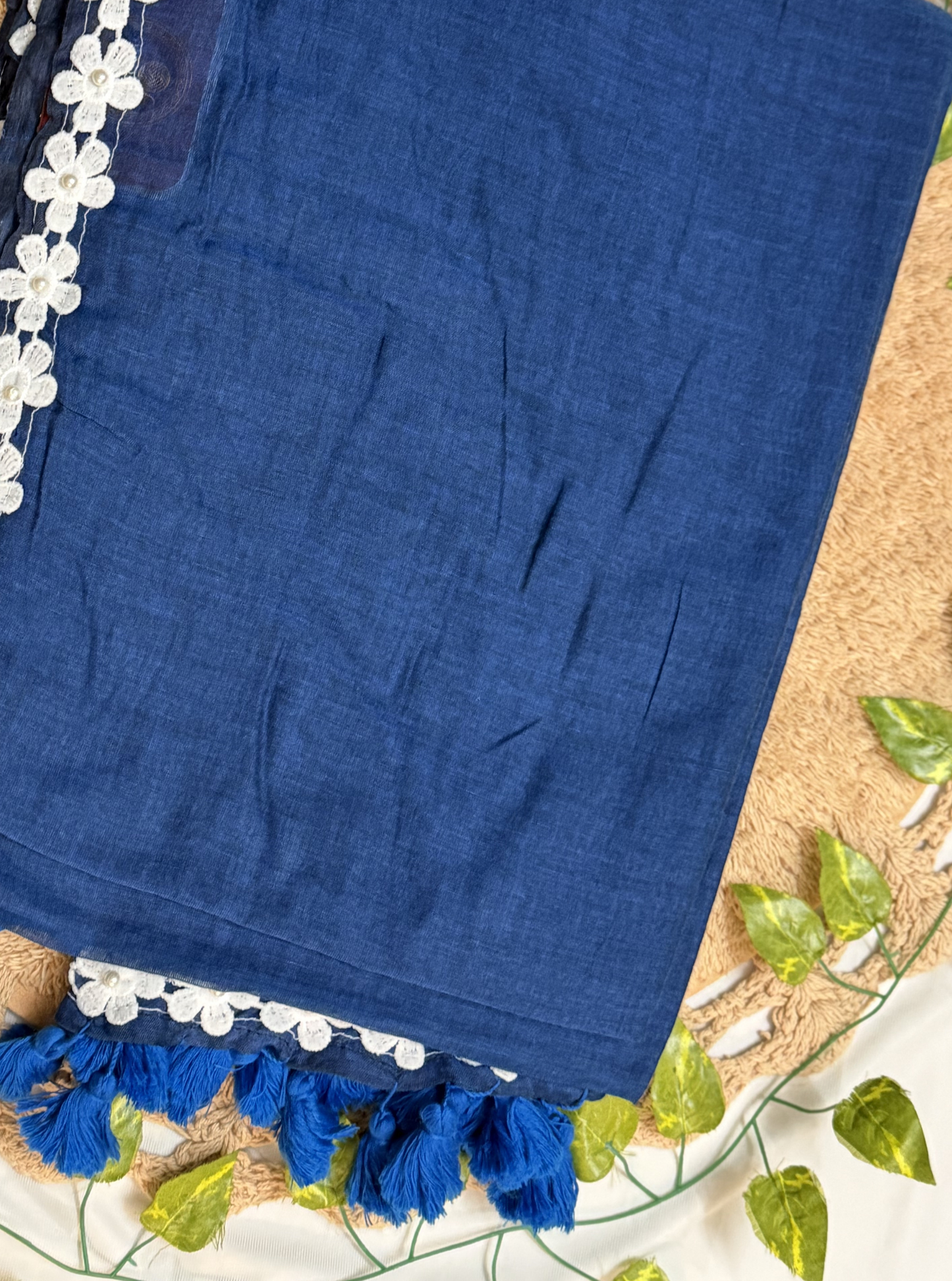 Navy Blue Mul Cotton Saree with White Floral Lace Border & Tassels
