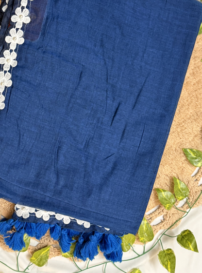 Navy Blue Mul Cotton Saree with White Floral Lace Border & Tassels