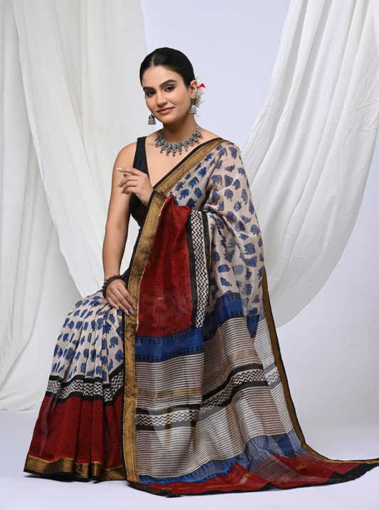 Beige Maheshwari Silk Saree with Indigo Motifs & Multicolor Pallu