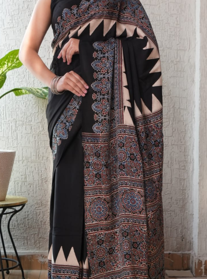 Elegant Black Modal Silk Saree with Ajrakh-Inspired Intricate Border