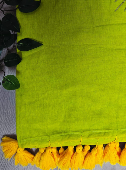 Lime Yellow Mul Cotton Saree with Hand Embellished Sun Motif