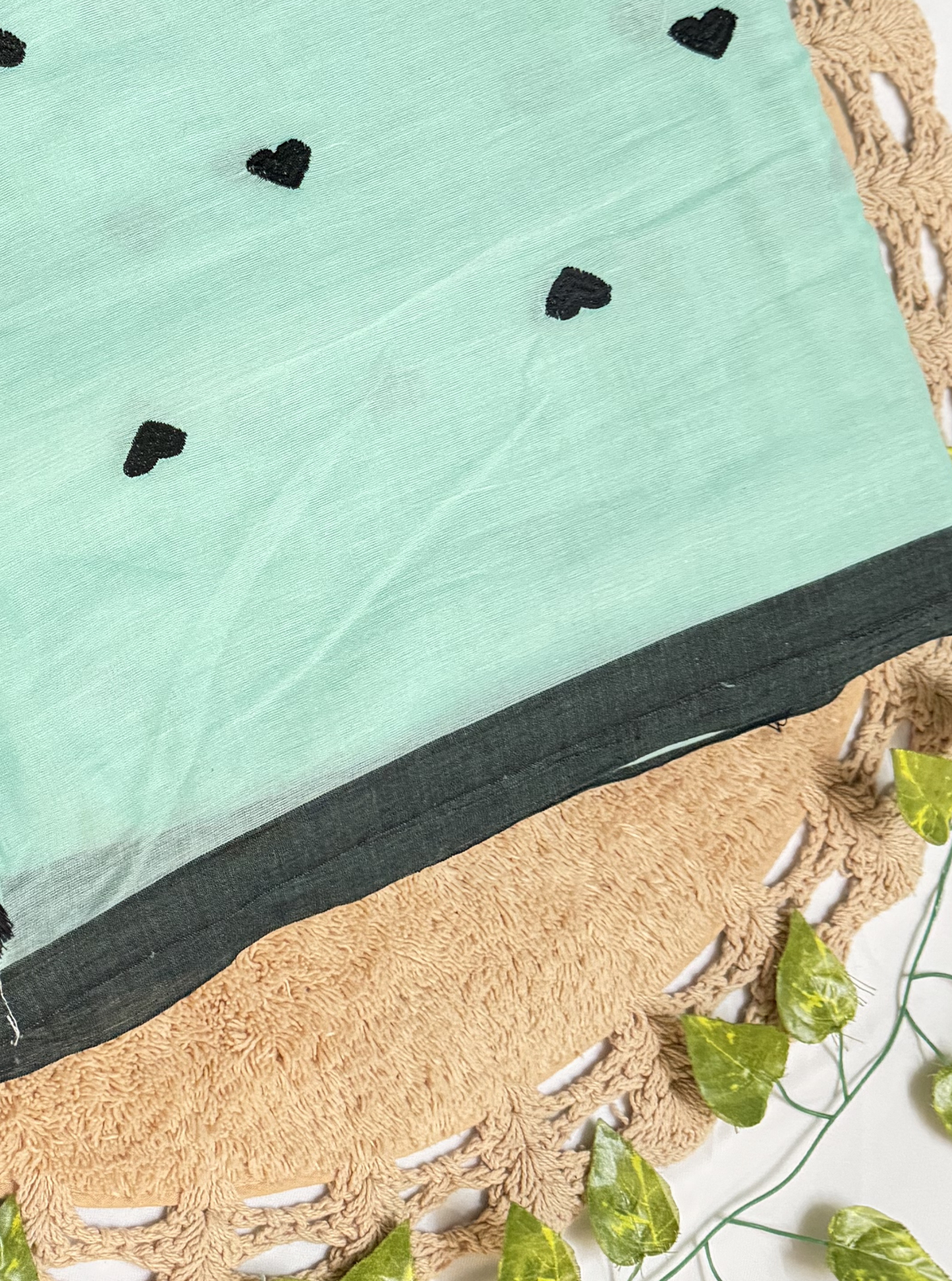 Mint Green Mul Cotton Saree with Black Heart Motifs & Tassels