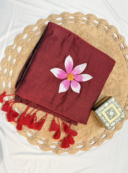 Rust Maroon Mul Cotton Saree with Hand-Painted Pink Floral Motif & Tassels