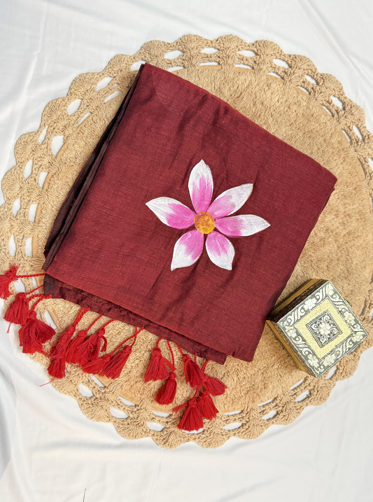 Rust Maroon Mul Cotton Saree with Hand-Painted Pink Floral Motif & Tassels