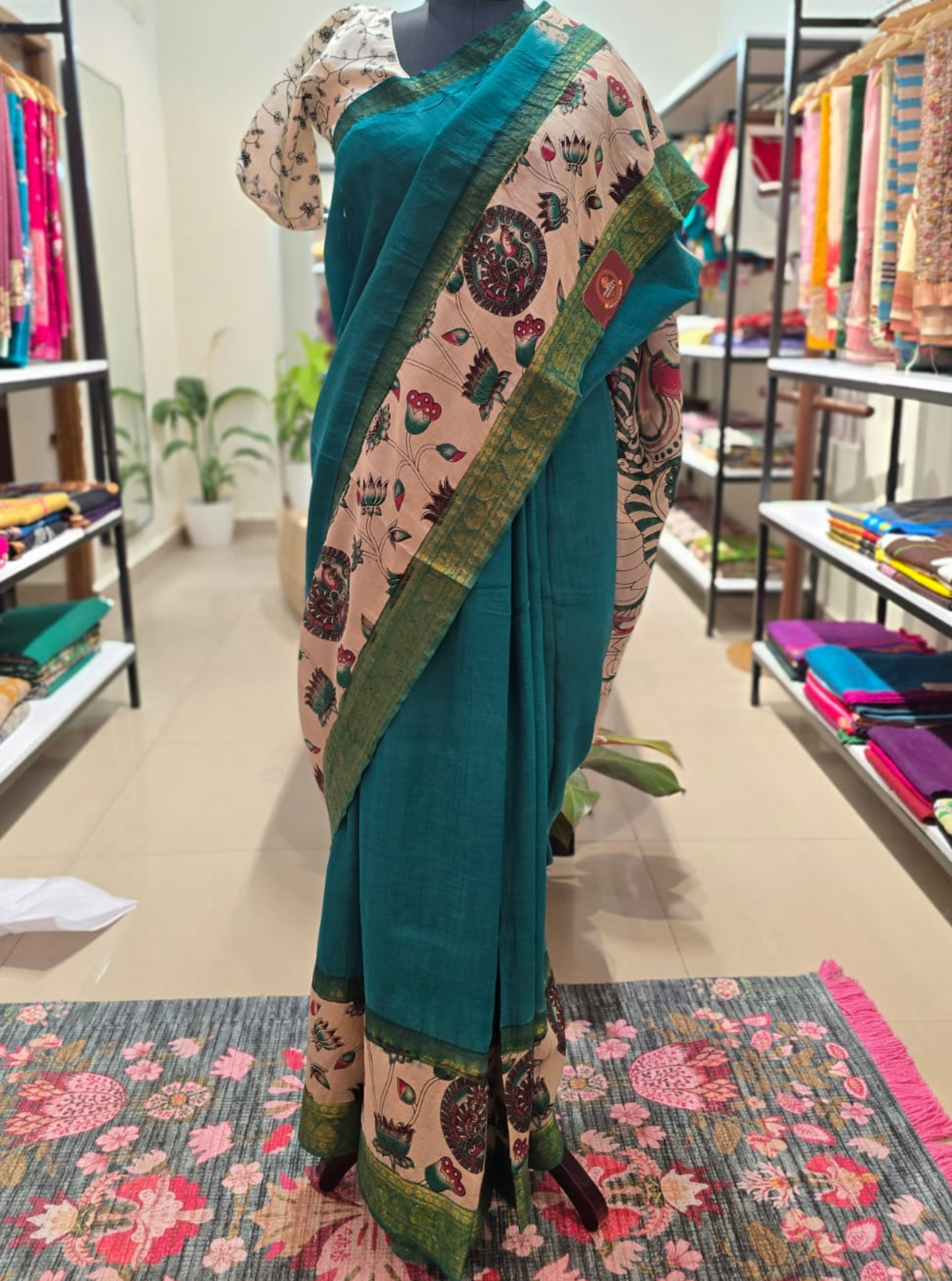 Teal Mangalagiri Silk Saree with Kalamkari Print & Gap Border