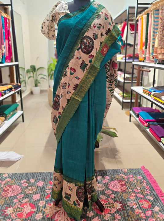 Teal Mangalagiri Silk Saree with Kalamkari Print & Gap Border