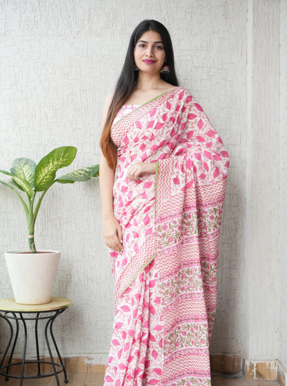 Graceful Pink Floral Cotton Saree with Traditional Printed Border