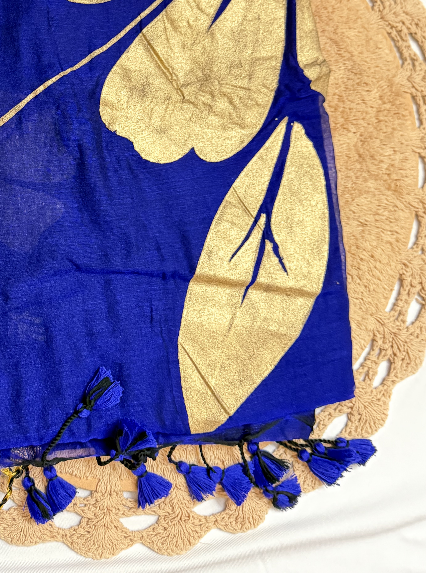 Royal Indigo Mul Cotton Tissue Pallu Saree with Gold Leaf Design & Tassels