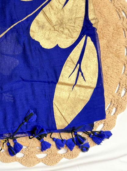 Royal Indigo Mul Cotton Tissue Pallu Saree with Gold Leaf Design & Tassels