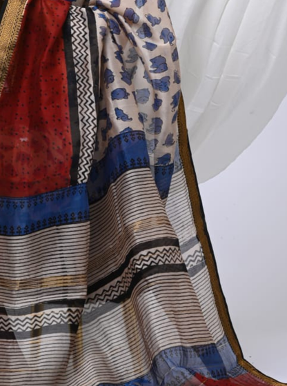 Beige Maheshwari Silk Saree with Indigo Motifs & Multicolor Pallu