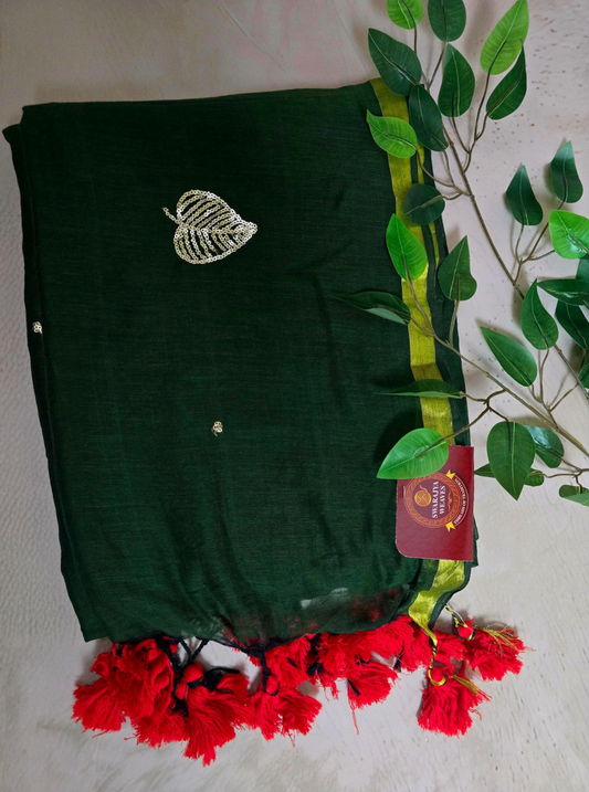 Forest Green Mul Cotton Saree with Hand Embroidered Leaf Motif