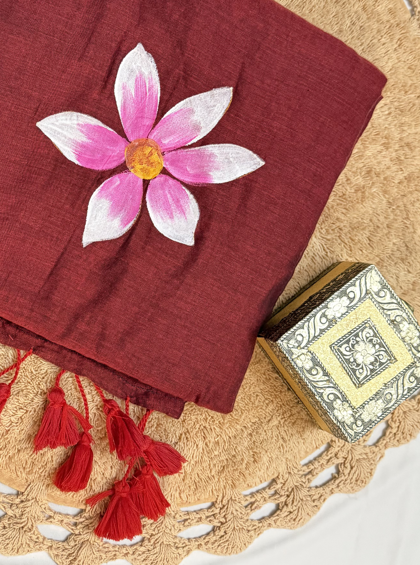 Rust Maroon Mul Cotton Saree with Hand-Painted Pink Floral Motif & Tassels