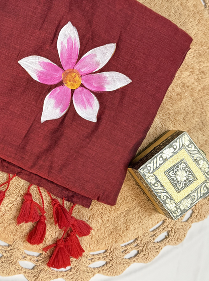 Rust Maroon Mul Cotton Saree with Hand-Painted Pink Floral Motif & Tassels
