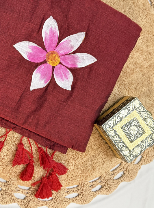 Rust Maroon Mul Cotton Saree with Hand-Painted Pink Floral Motif & Tassels