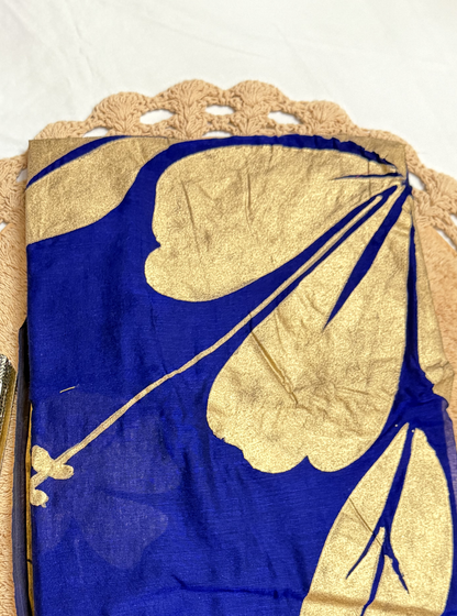 Royal Indigo Mul Cotton Tissue Pallu Saree with Gold Leaf Design & Tassels