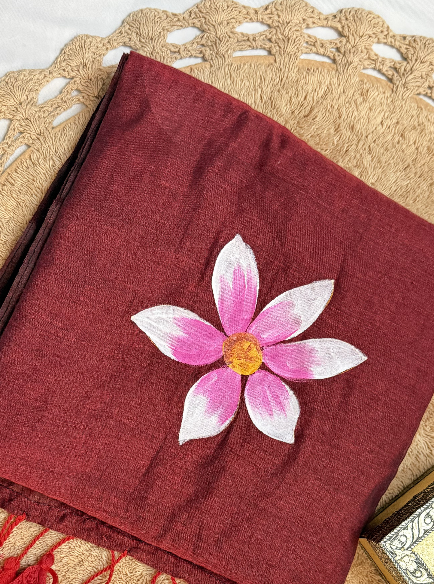 Rust Maroon Mul Cotton Saree with Hand-Painted Pink Floral Motif & Tassels