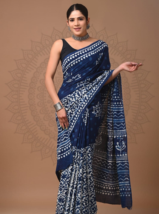 Indigo Blue Cotton Saree with Handblock Prints & Contrast Pallu