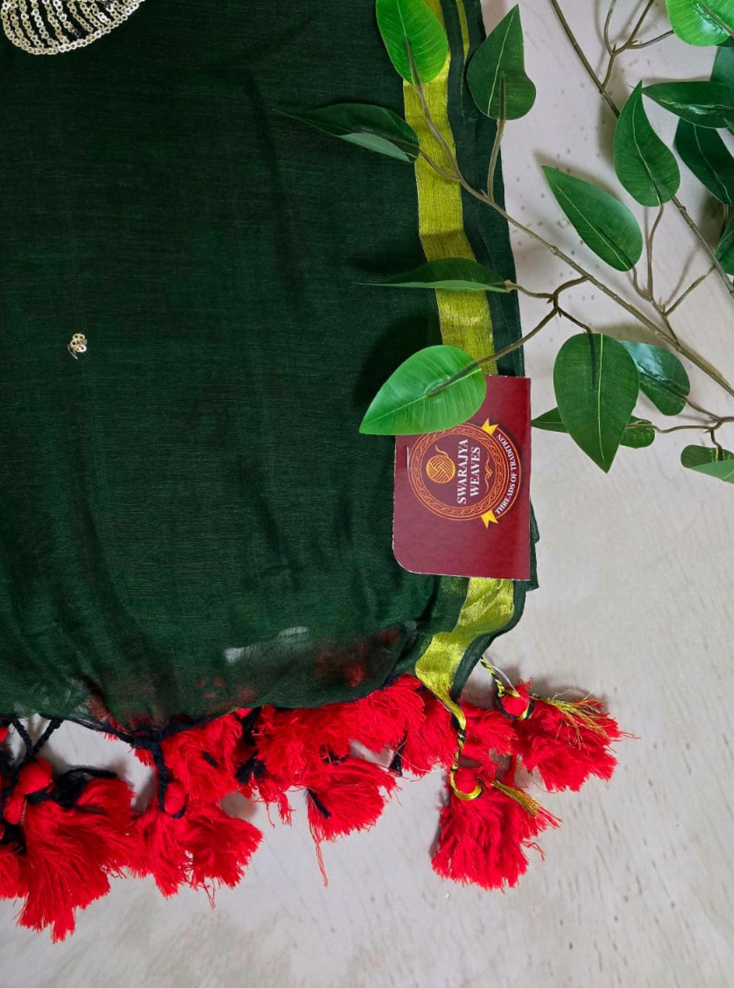 Forest Green Mul Cotton Saree with Hand Embroidered Leaf Motif
