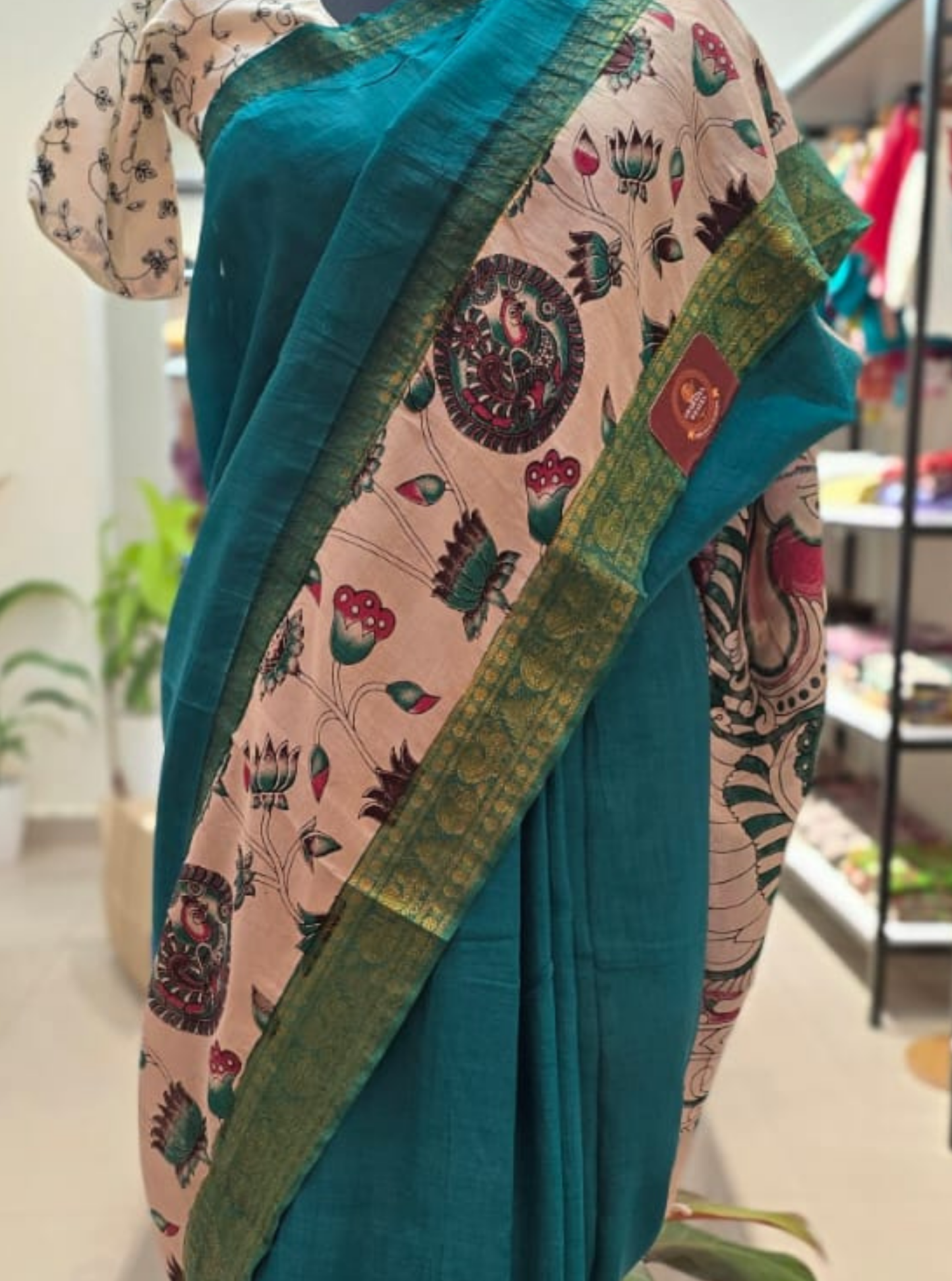 Teal Mangalagiri Silk Saree with Kalamkari Print & Gap Border